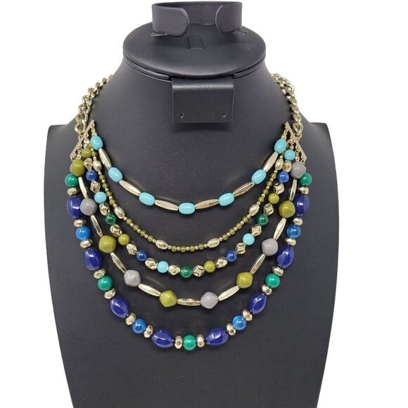 Multi Strand Layered Bib Chocker Necklace 5 Strand Beaded Blue Gold Green Gift - Picture 11 of 11